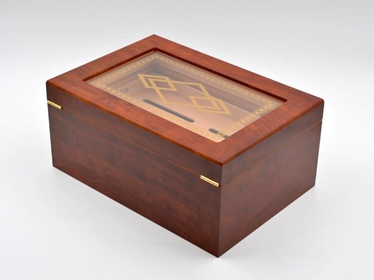 Angelo Zigarrenhumidor Zedernholz Braun mit Glasdeckel, 2 Ebenen und Schloss für 50-60 Zigarren