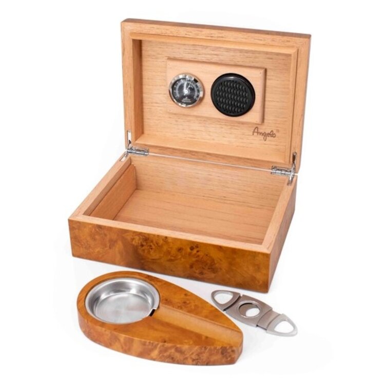 Angelo Zigarrenhumidor Wurzelholz-Optik mit Hygrometer, Cutter und Aschenbecher für 25 Zigarren
