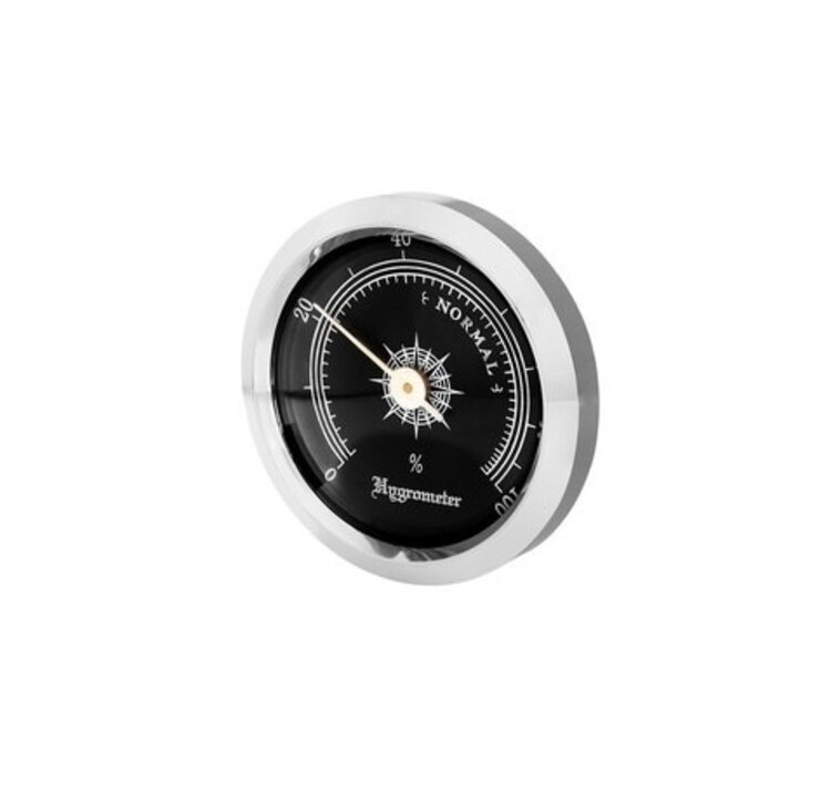 Angelo Humidor-Hygrometer analog mit Silberrahmen und schwarzem Zifferblatt, 60 mm