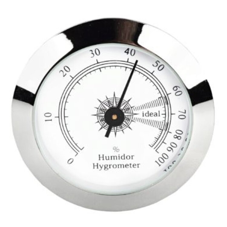 Angelo Humidor-Hygrometer analog mit Chromrahmen und weissem Zifferblatt, innen und aussen, 50 mm