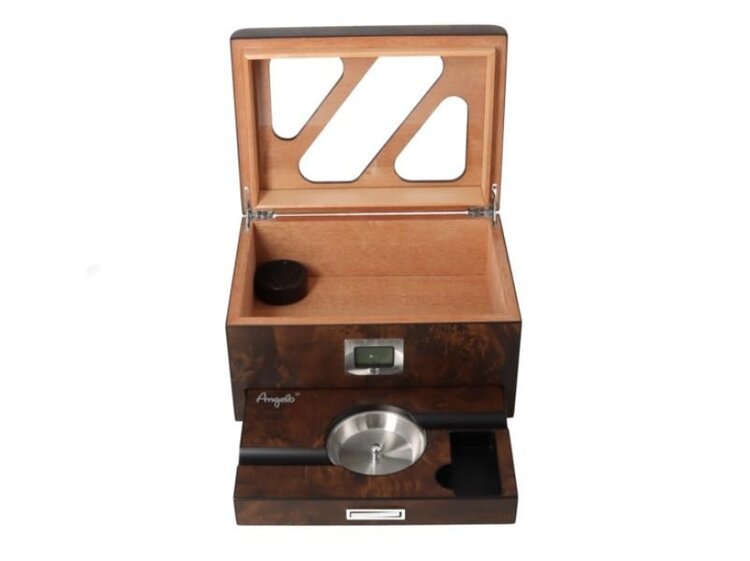 Angelo Zigarrenhumidor Dunkelbraun mit Digitalhygrometer und Schublade mit Aschenbecher