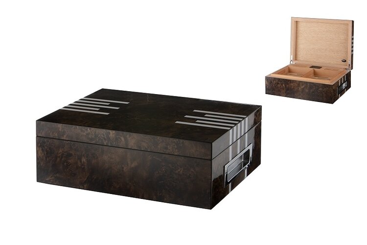 Angelo Zigarrenhumidor Zedernholz Dunkelbraun Hochglanz mit Silberstreifen für 50 Zigarren