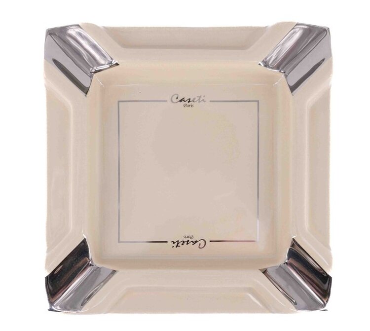 Caseti Zigarrenaschenbecher Porzellan gross Beige mit silbernen Ablagen für 4 Zigarren
