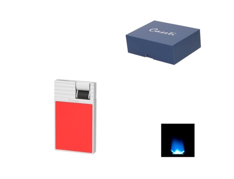Caseti Zigarrenfeuerzeug Flat Flame breite Jetflamme Rot und Chrom mit Gasstandfenster