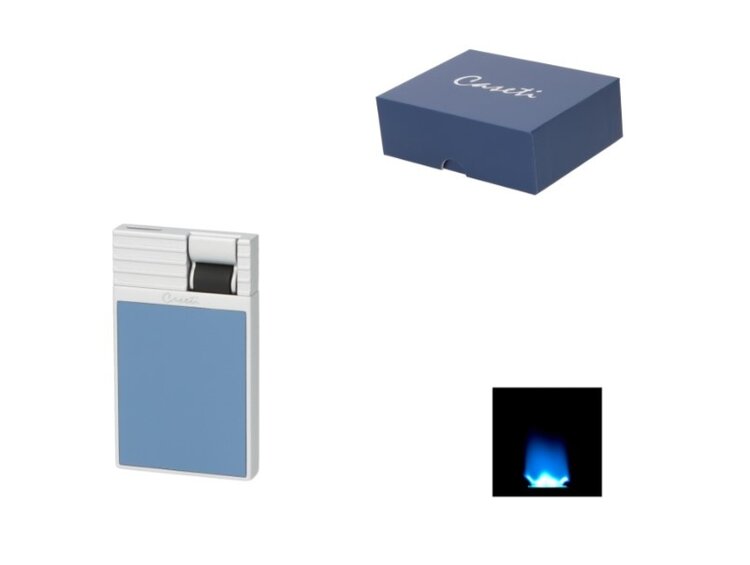 Caseti Flat Flame Feuerzeug Chrom-Graublau mit breiter Jetflamme im Samtetui