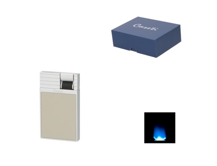 Caseti Zigarrenfeuerzeug Flat Flame mit breiter Jetflamme Chrom-Graubeige im Samtetui