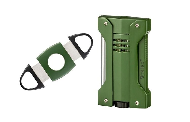 Winjet Zigarren-Reiseset Jetfeuerzeug und Doppelklingen-Schneider 22 mm Militärgrün und Schwarz