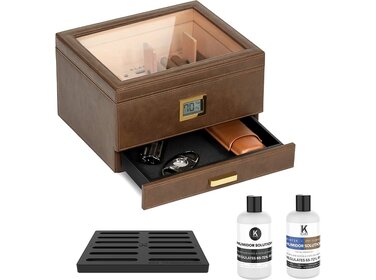 Klaro Humidor Belmont Sattelbraun mit Glasdeckel für 30–60 Zigarren