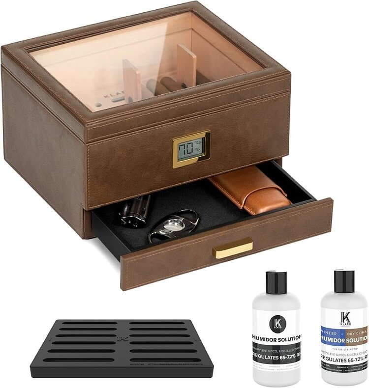 Klaro Humidor Belmont Sattelbraun mit Glasdeckel für 30–60 Zigarren