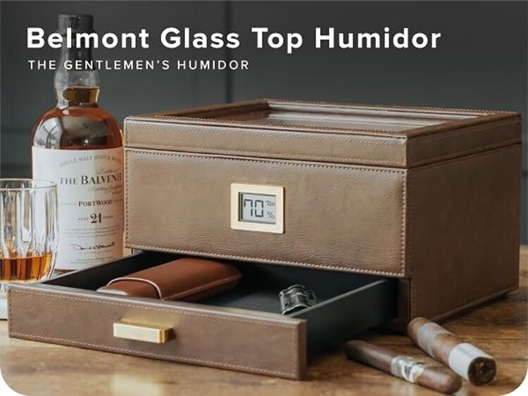 Klaro Humidor Belmont Sattelbraun mit Glasdeckel für 30–60 Zigarren