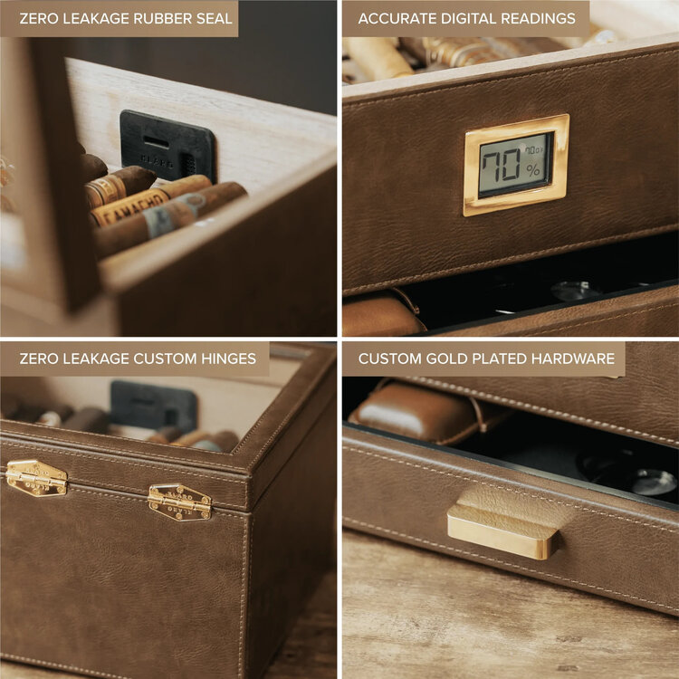 Klaro Humidor Belmont Sattelbraun mit Glasdeckel für 30–60 Zigarren