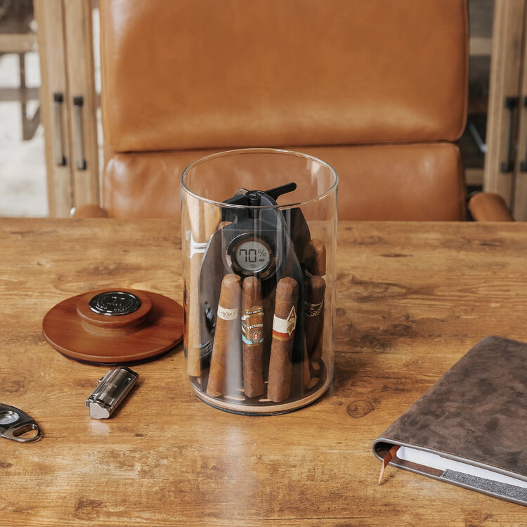 Klaro  Humidor Cylindor Glas mit Akazienholz-Deckel für 30–40 Zigarren