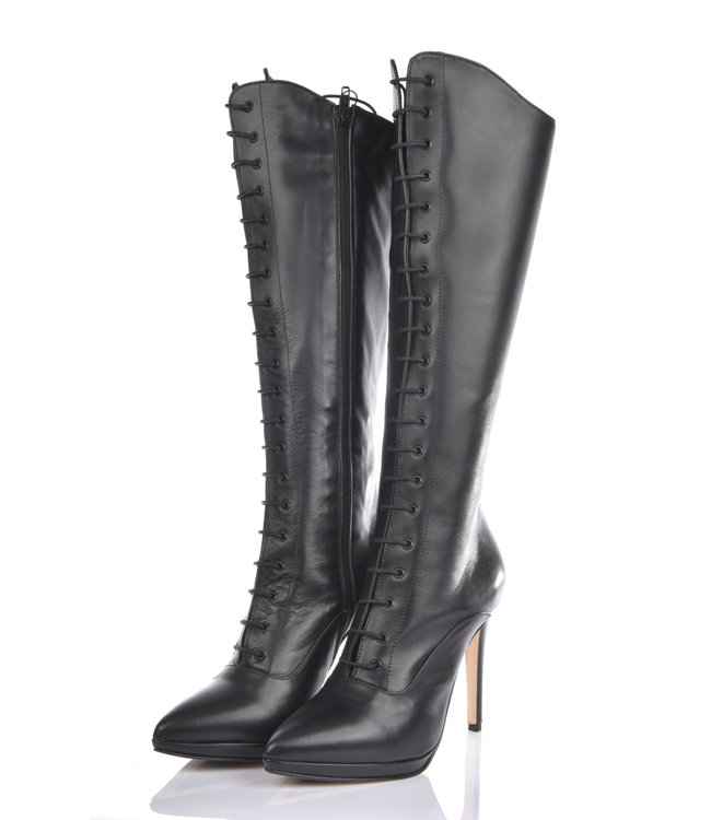 High Italian lace-up knee boots JUNO with stiletto heels in genuine leather