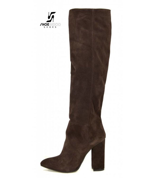 Lange knie laarzen met hoge blokhakken in suede zonder rits -OUTLET