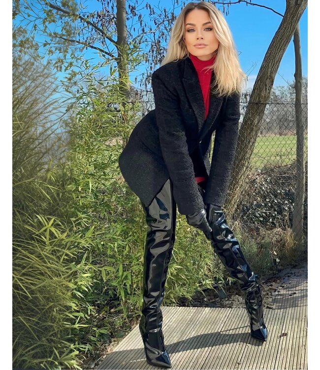 Hohe Oberschenkelstiefel GIGI mit Stilettoabsatz aus italienischem VEGAN-Glanzleder