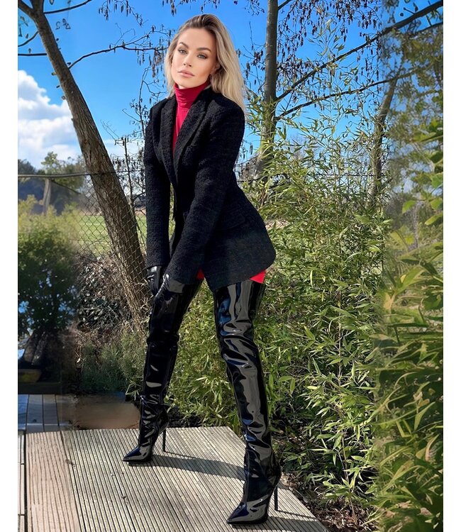 Hohe Oberschenkelstiefel GIGI mit Stilettoabsatz aus italienischem VEGAN-Glanzleder