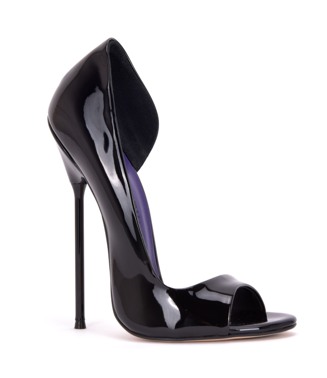 Italienische Sandalen MONICA schwarz glänzend mit Metallabsatz mit lila Inlay