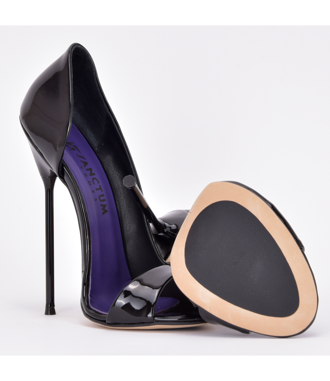 Italiaanse sandalen MONICA zwart glanzend met metalen hakken met paarse inleg