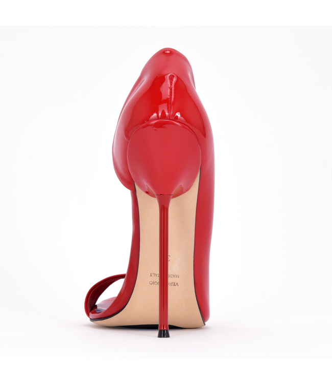 Italiaanse sandalen MONICA rood glanzend met metalen hakken met paarse inleg