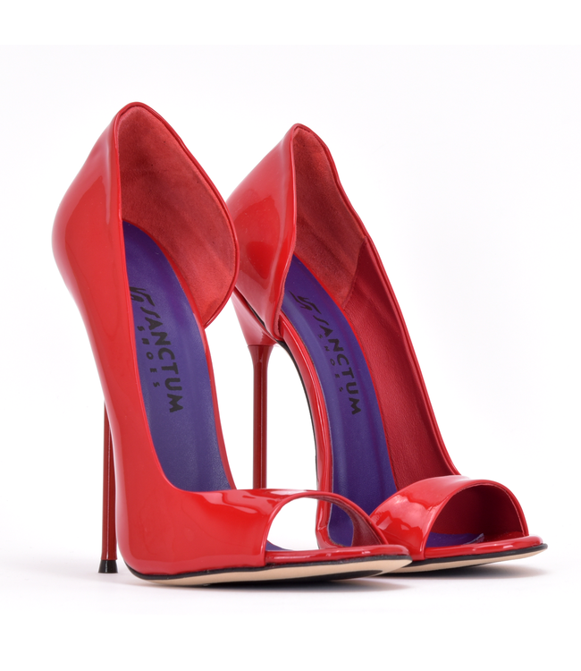 Italiaanse sandalen MONICA rood glanzend met metalen hakken met paarse inleg