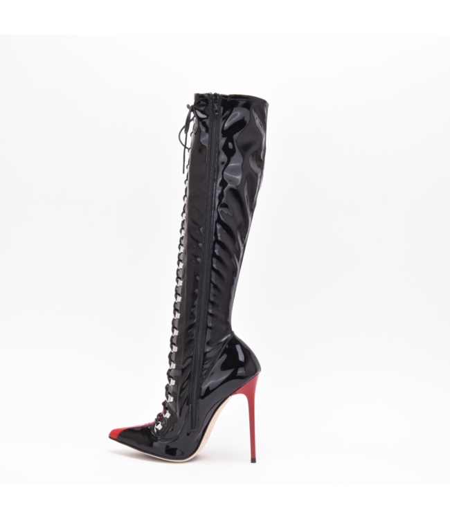 Sanctum IRIS LACE-UP KNEE BOOTS BLACK RED SHINY