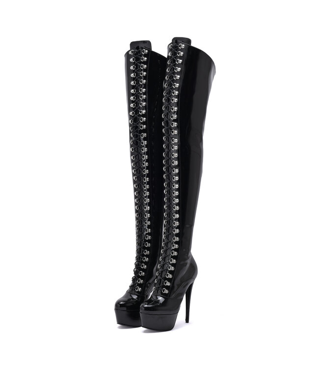 Sanctum Shoes NIGELLA  BLACK SHINY LACE UP THIGH BOOTS