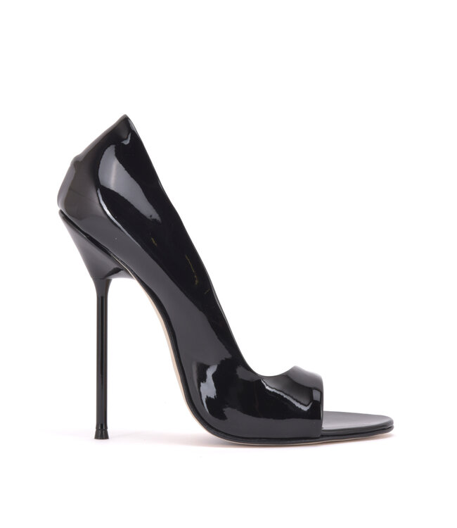 CUSTOM - Italiaanse sandalen MONICA-12 zwart glanzend met metalen hakken met paarse inleg