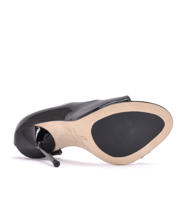 CUSTOM - Italiaanse sandalen MONICA-12 zwart glanzend met metalen hakken met paarse inleg