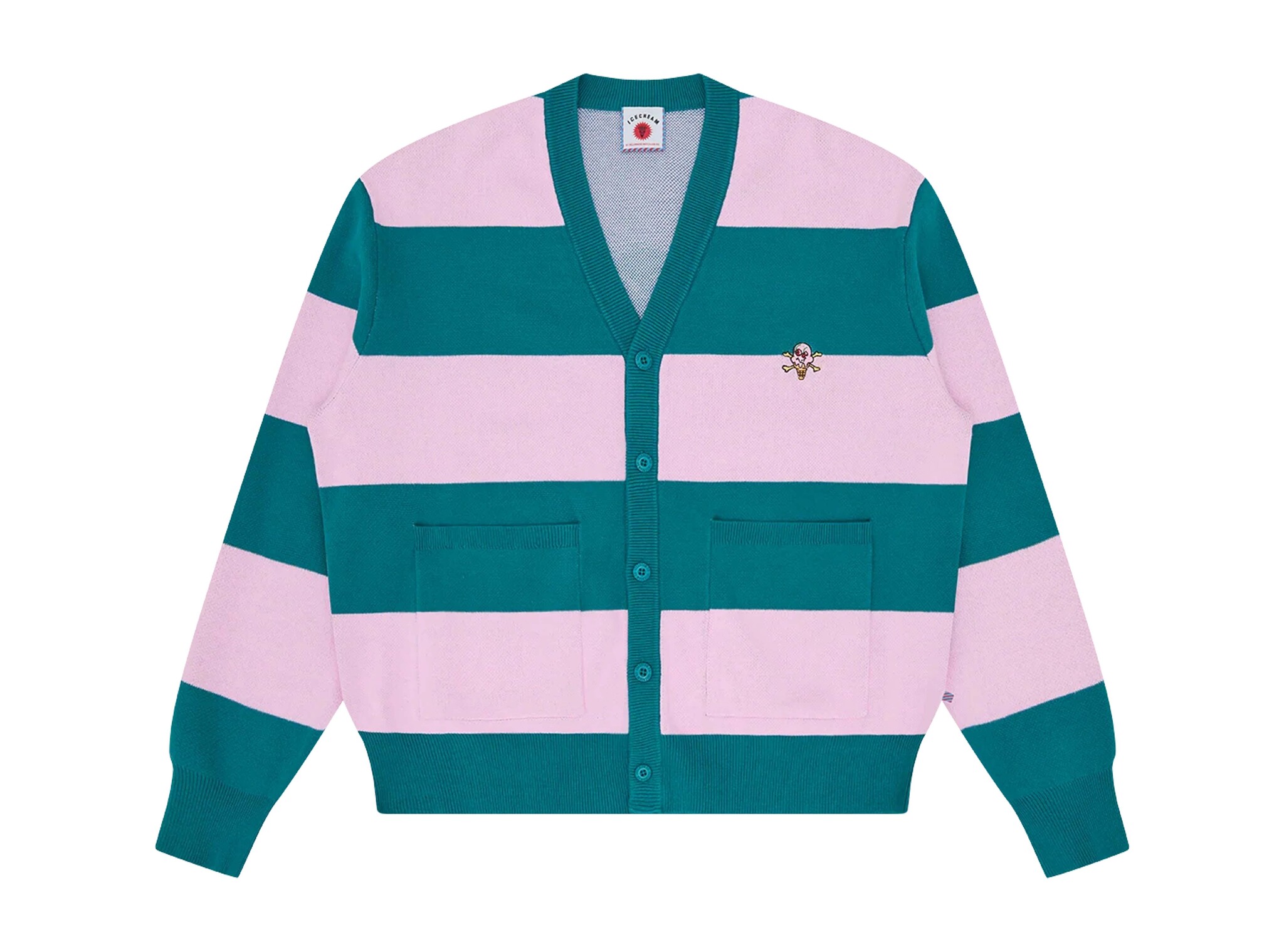ICECREAM Cones & Bones Striped Knitted Cardigan Pink Green Stripe ICKN26225