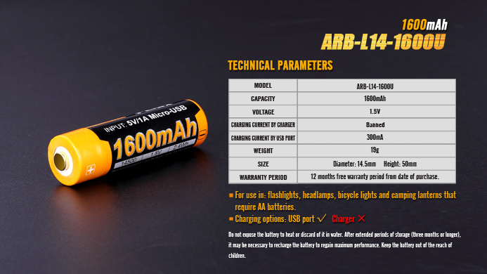 ARB-L14 USB (AA) oplaadbare 1.5V 1600mAh accu