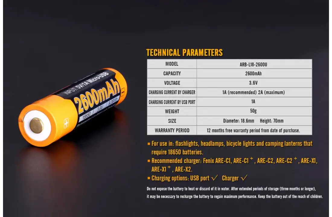 ARB-L18 USB (18650) oplaadbare 3.7V 2600mAh accu
