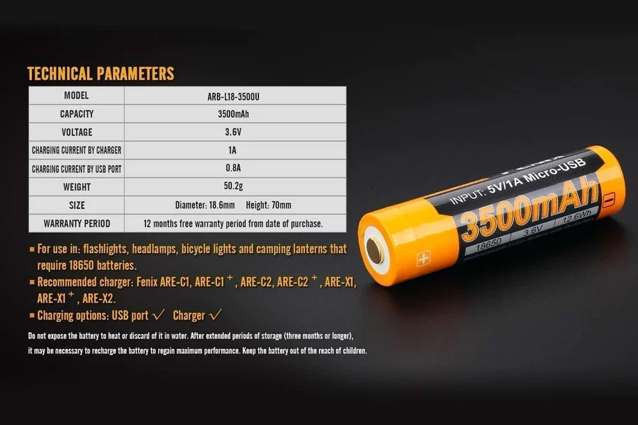 ARB-L18 USB (18650) oplaadbare 3.7V 3500mAh accu
