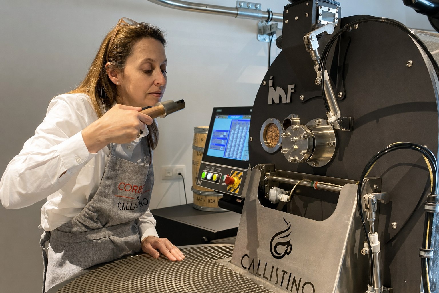 Melissa Ruberecht aan de koffiebrander in de branderij van Callistino in Brasschaat