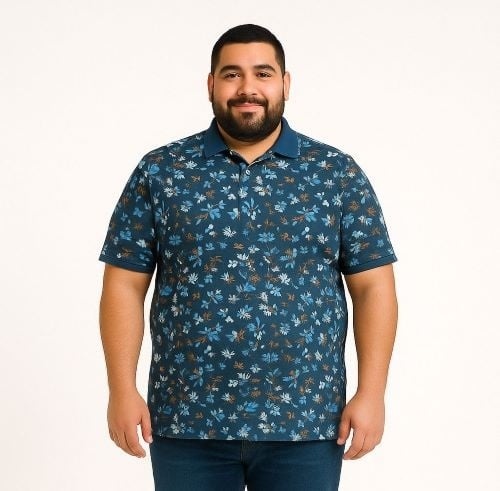 Espionage Grote maten Denim Blue Polo Floral  2XL-8XL