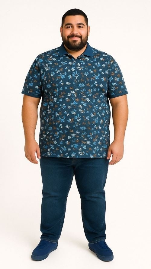 Espionage Grote maten Denim Blue Polo Floral  2XL-8XL