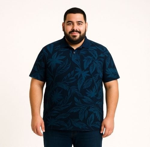 Espionage Grote maten Navy&Teal Polo Leaf Print  2XL-8XL