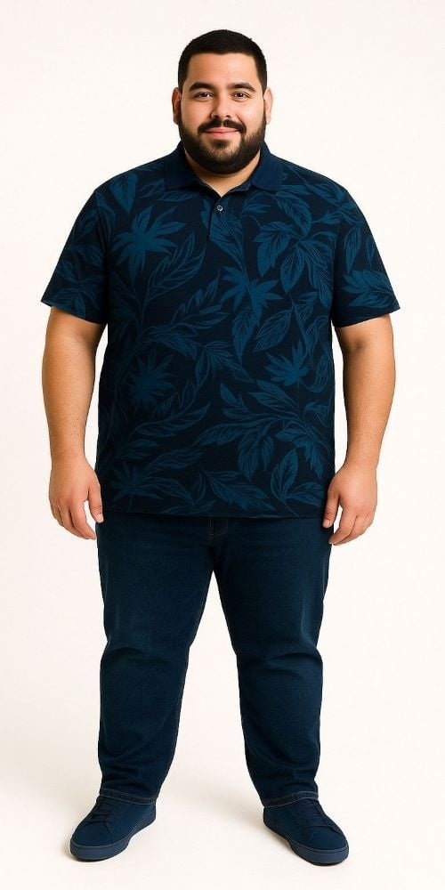 Espionage Grote maten Navy&Teal Polo Leaf Print  2XL-8XL