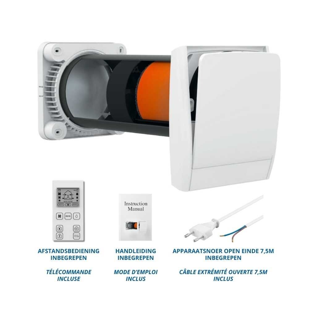 Decentrale ventilatie-unit met warmteterugwinning (tot 60m³/u) - muurdoorvoer Ø160mm