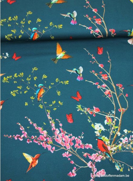 petrol blue spring flowers and birds - viscose jersey