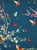 petrol blue spring flowers and birds - viscose jersey