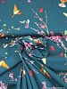 petrol blue spring flowers and birds - viscose jersey