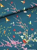 petrol blue spring flowers and birds - viscose jersey