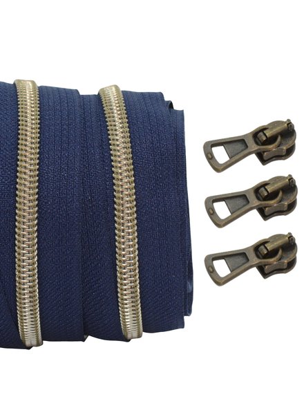 spiral zipper dark blue with antique brass spiral #5 (excl. zipper pullers)