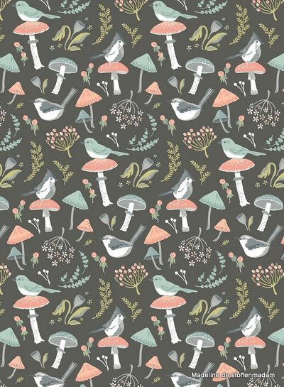 Poppie Cotton woodland songbirds dark grey  - cotton