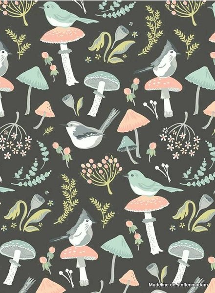 Poppie Cotton woodland songbirds dark grey  - katoen