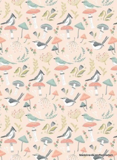 Poppy Cotton woodland songbirds pink  - katoen