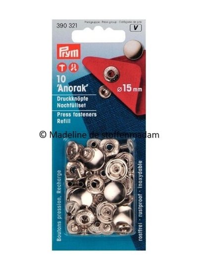 Prym navulverpakking anorak knopen 15mm  nikkel - 10 stuks - Prym