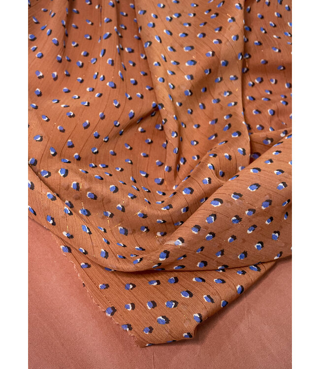 deadstock Roest en blauwe stippen - mooie chiffon met een draadje lurex
