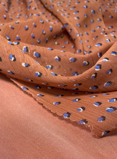 deadstock Rust and blue dots - beautiful chiffon with a thread of lurex