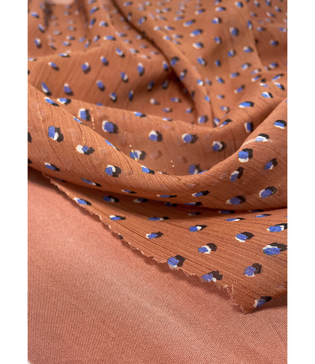 deadstock Roest en blauwe stippen - mooie chiffon met een draadje lurex